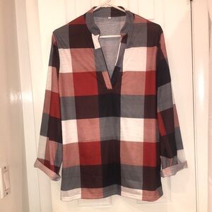 Red Plaid Collarless Long Sleeve V Neck Shirt Size XL New without tags